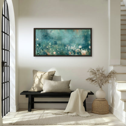 Teal abstract garden painting framed canvas wall art in an entryway above a bench