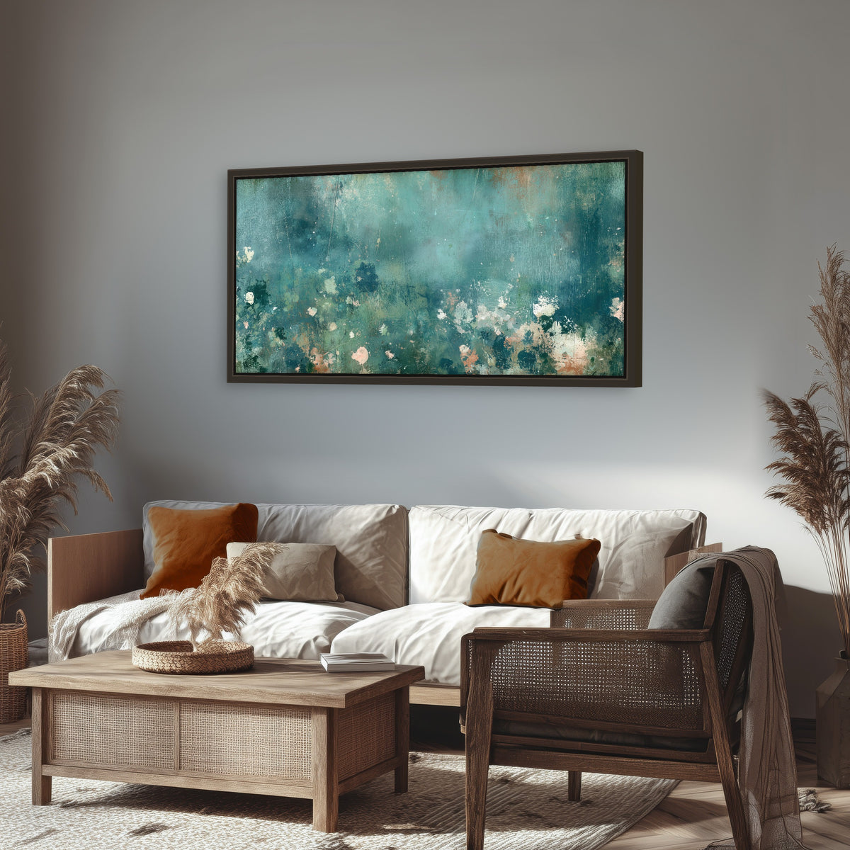 Teal abstract garden painting framed canvas wall art in a rustic living room