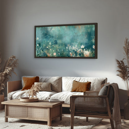 Teal abstract garden painting framed canvas wall art in a rustic living room