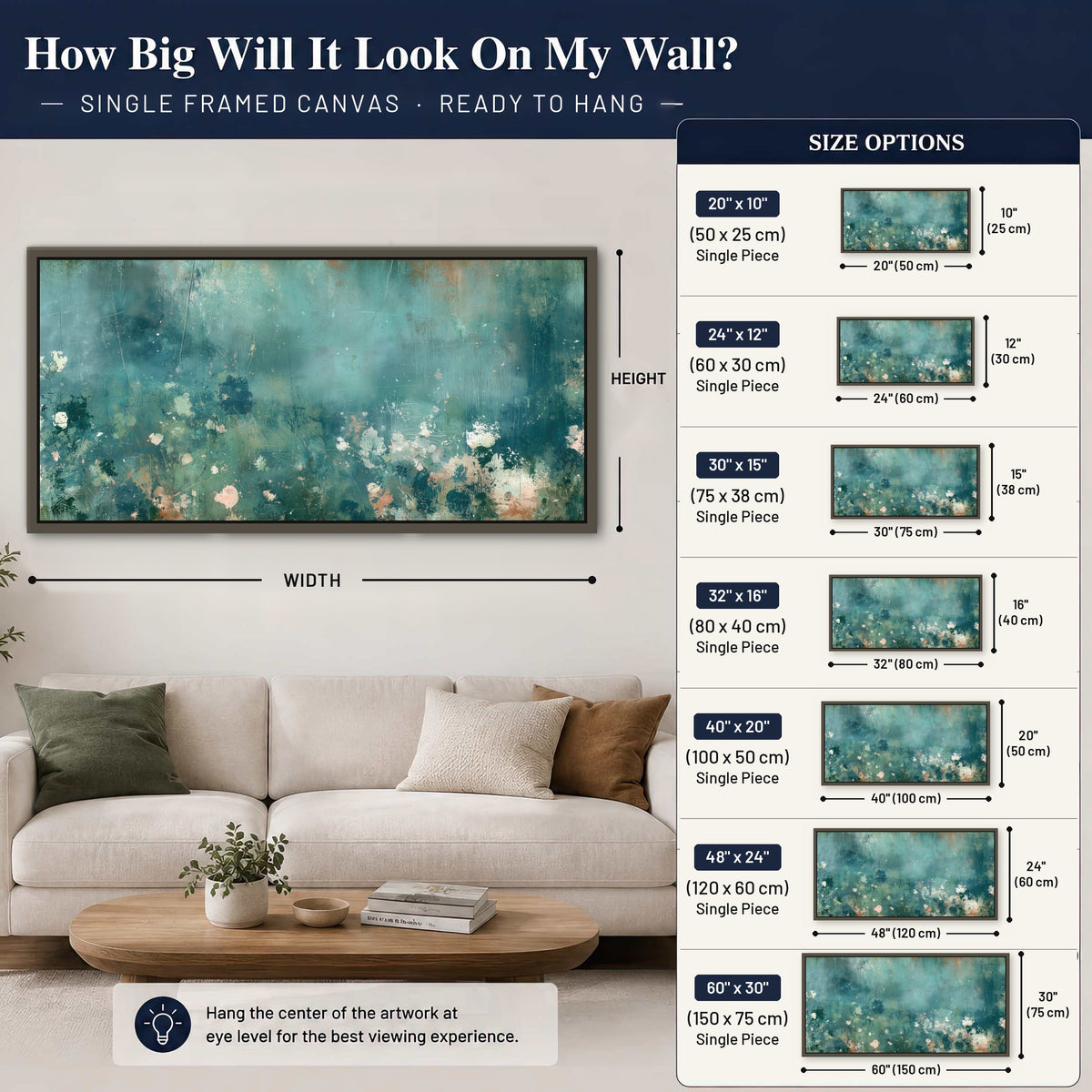 Teal abstract garden painting framed canvas wall art size guide above a sofa