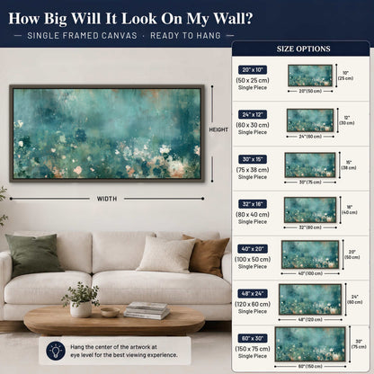 Teal abstract garden painting framed canvas wall art size guide above a sofa
