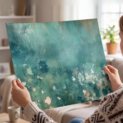 Teal abstract garden painting poster print held in hands