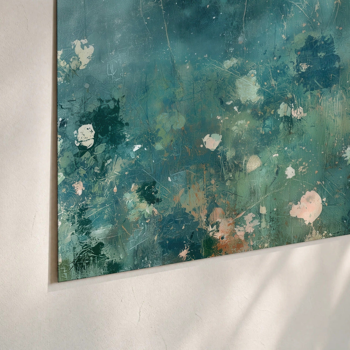 Teal abstract garden painting poster print close-up on matte paper
