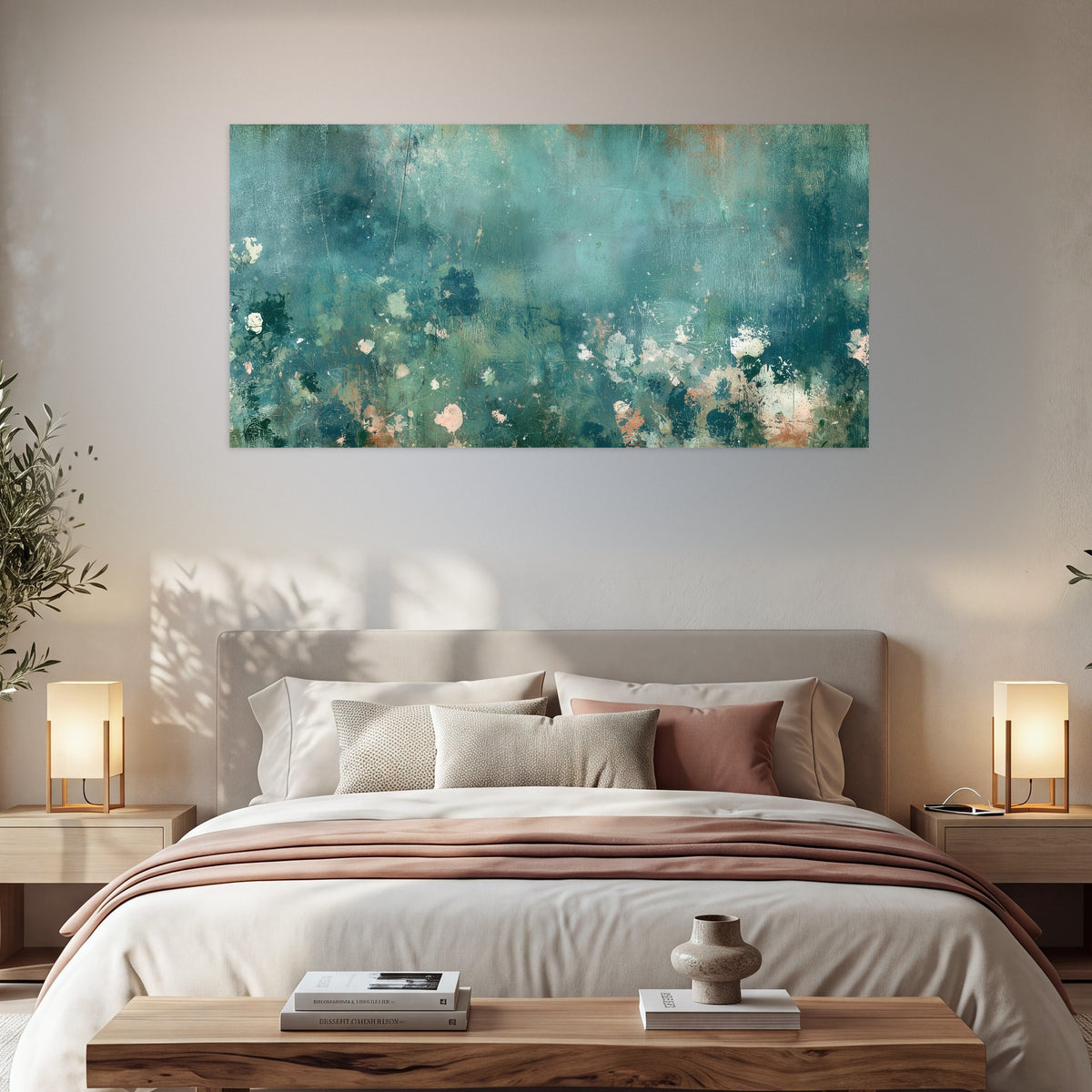 Teal abstract garden painting poster print in a bedroom above the bed