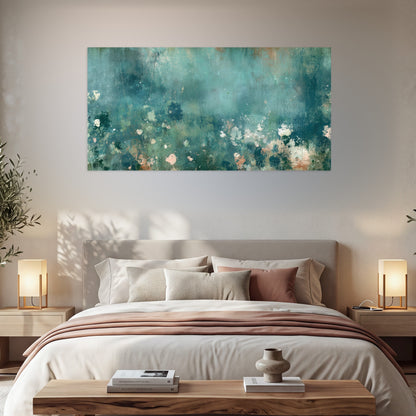 Teal abstract garden painting poster print in a bedroom above the bed