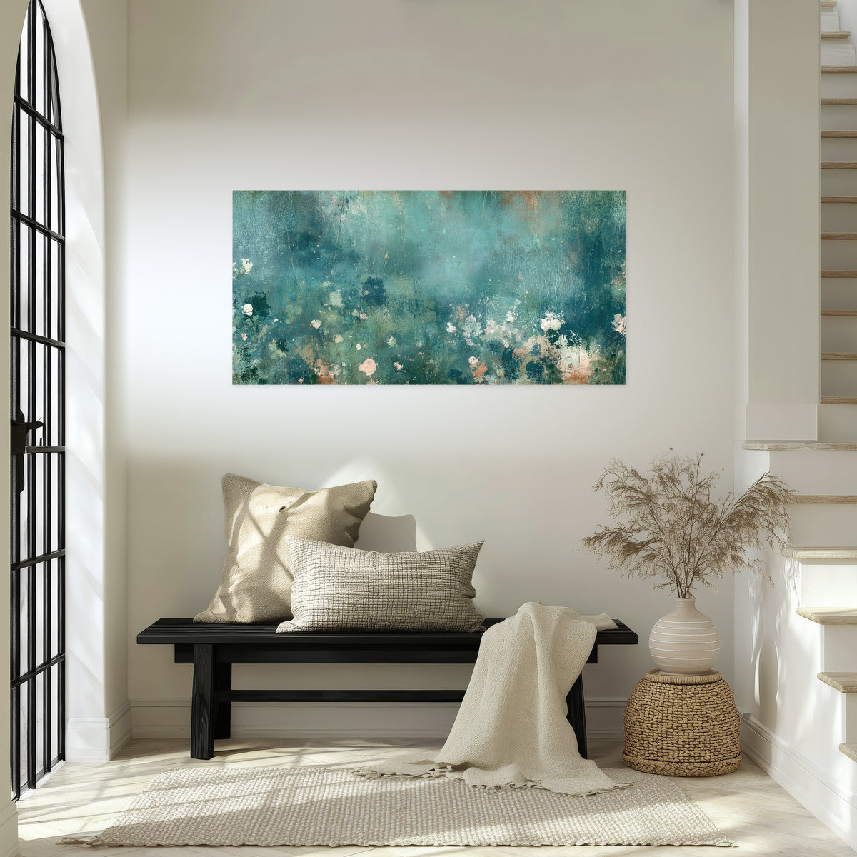 Teal abstract garden painting poster print in an entryway above a bench