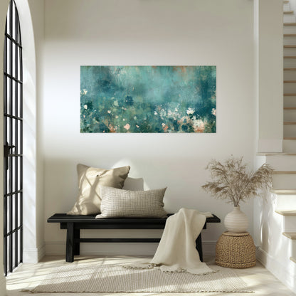 Teal abstract garden painting poster print in an entryway above a bench