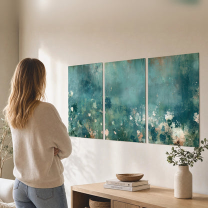 Teal abstract garden painting set of 3 poster prints in a living room