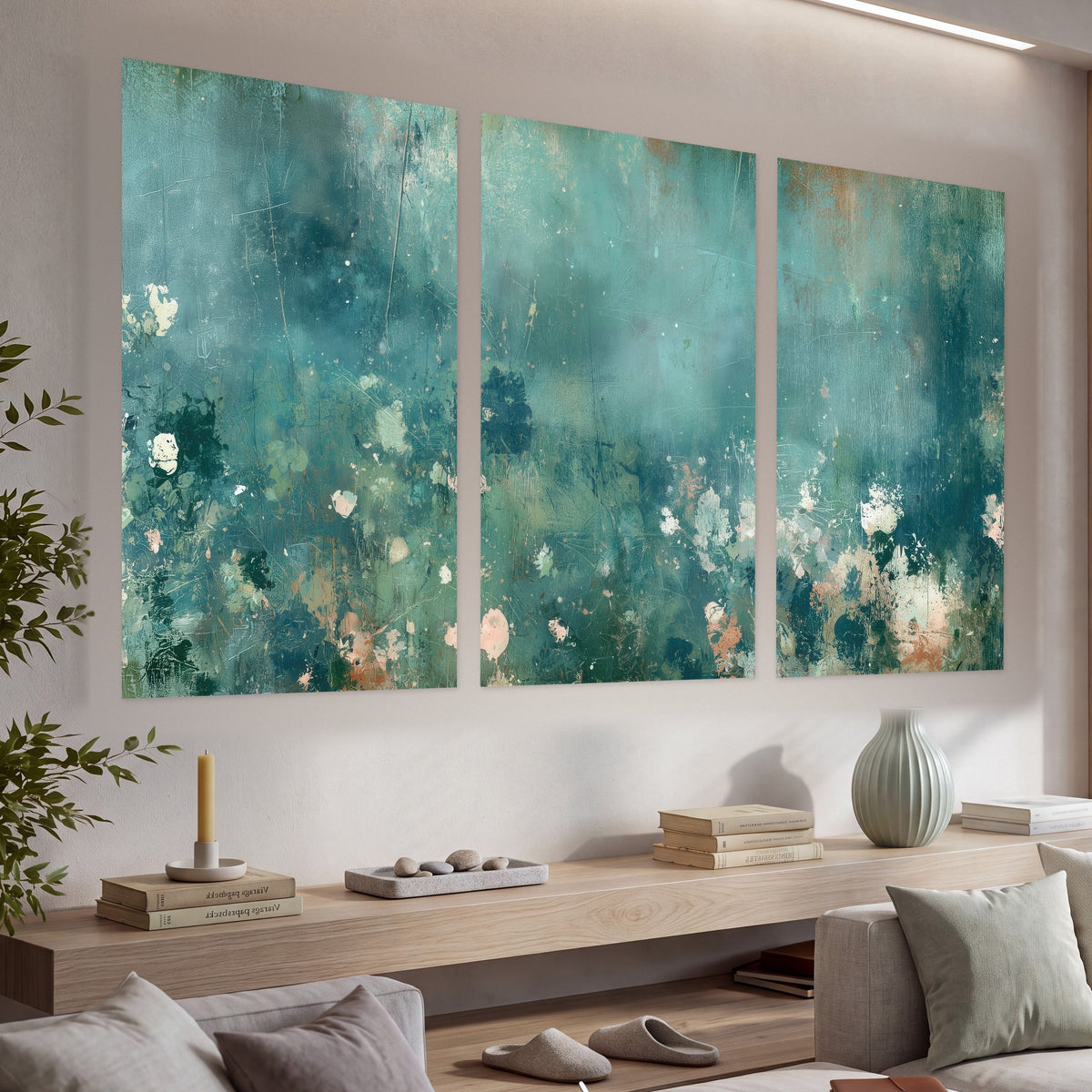 Teal abstract garden painting set of 3 poster prints in a living room above a console