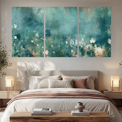 Teal abstract garden painting set of 3 poster prints in a bedroom above the bed