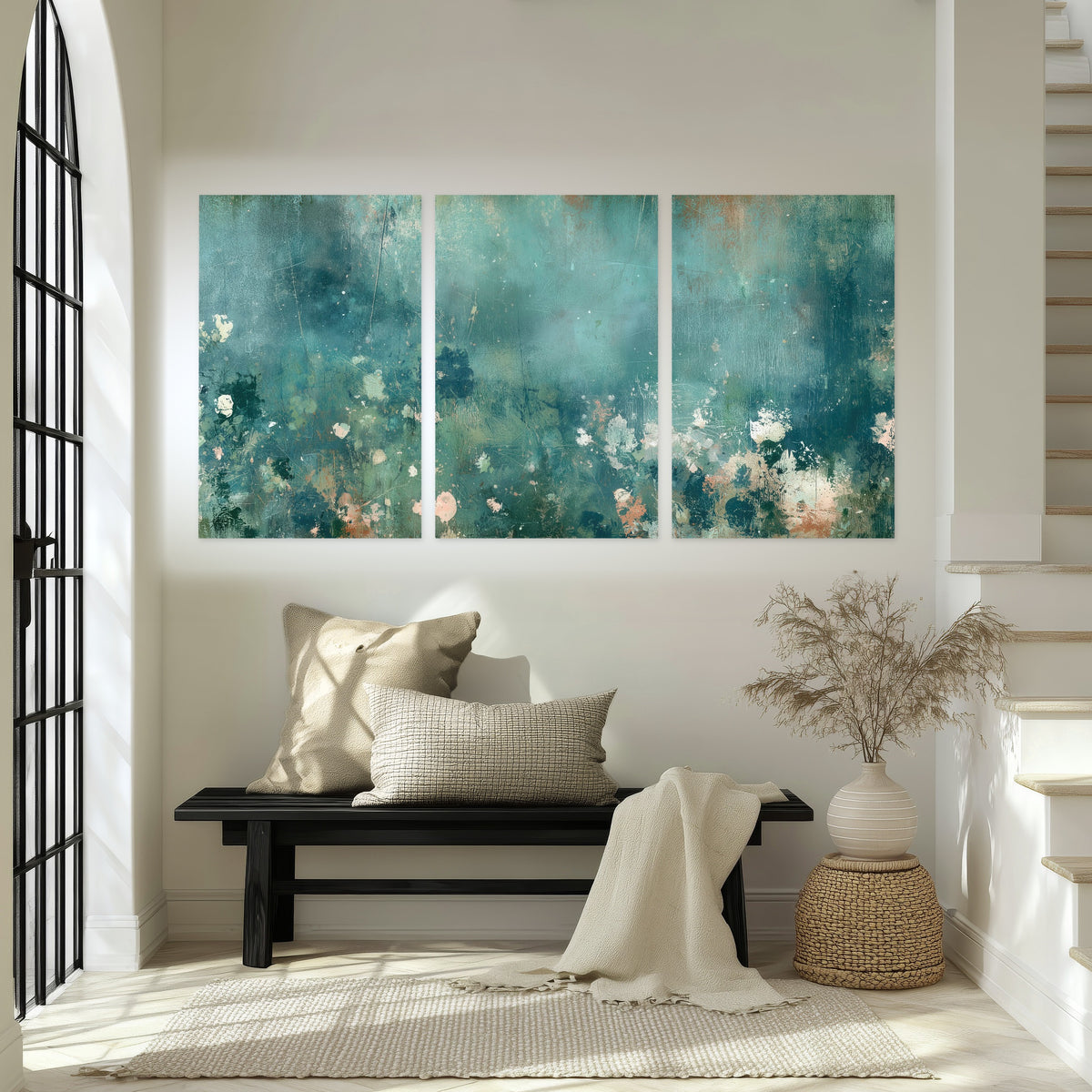 Teal abstract garden painting set of 3 poster prints in an entryway above a bench