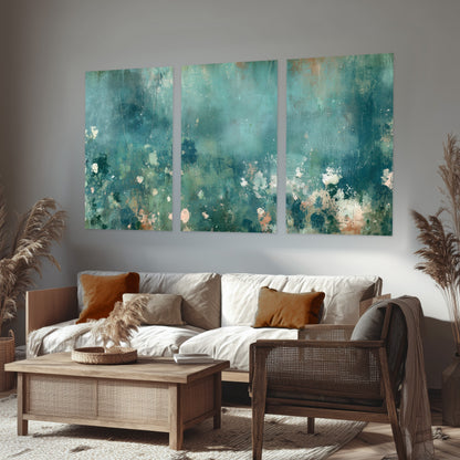 Teal abstract garden painting set of 3 poster prints in a rustic living room