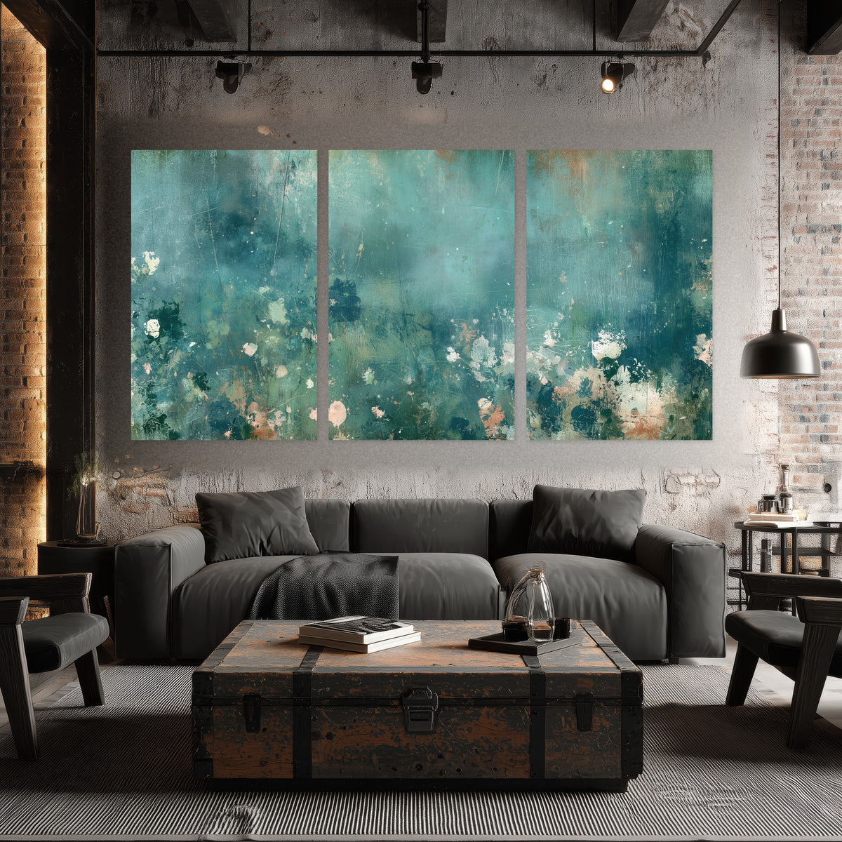 Teal abstract garden painting set of 3 poster prints in an industrial loft