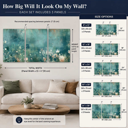 Teal abstract garden painting set of 3 poster prints size guide above a sofa