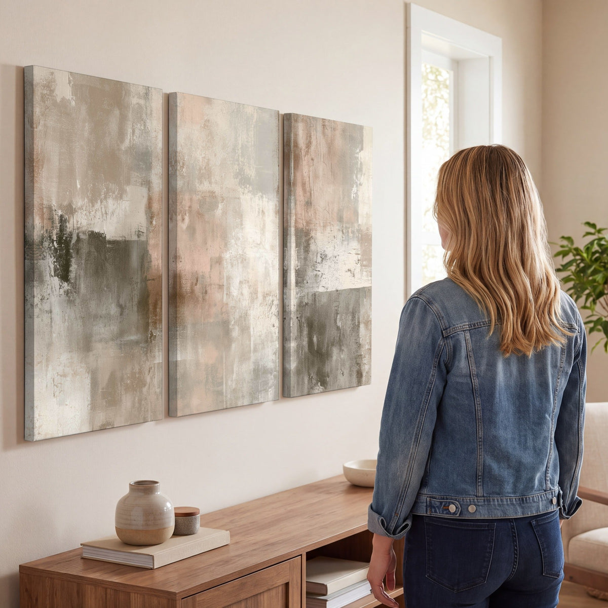 Blush and taupe abstract painting 3 piece canvas wall art in a living room