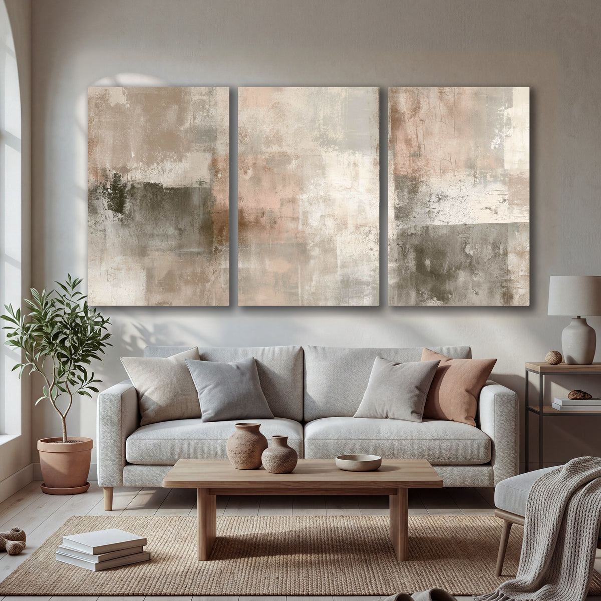 Blush and taupe abstract painting 3 piece canvas wall art in a bright living room