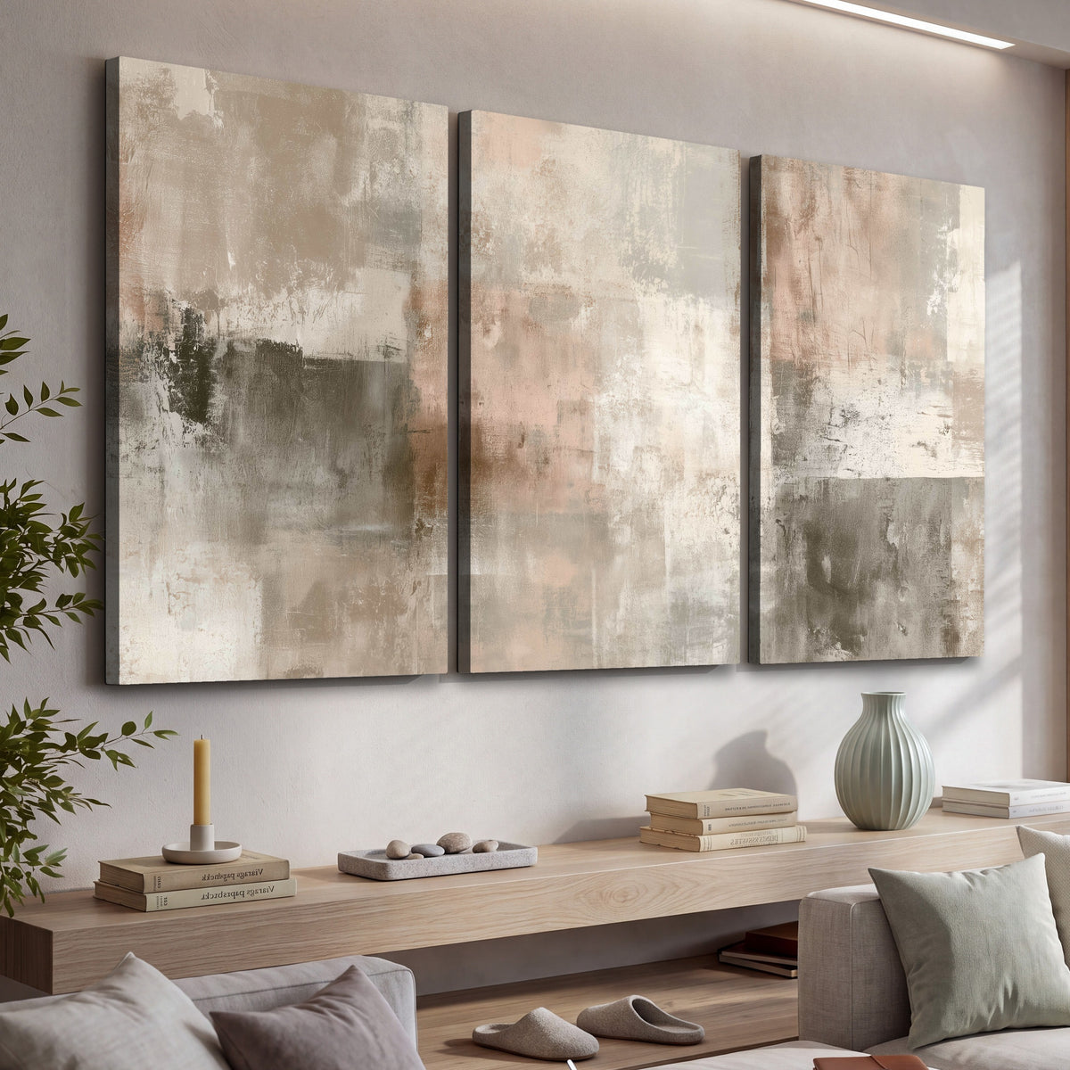 Blush and taupe abstract painting 3 piece canvas wall art in a living room above a console