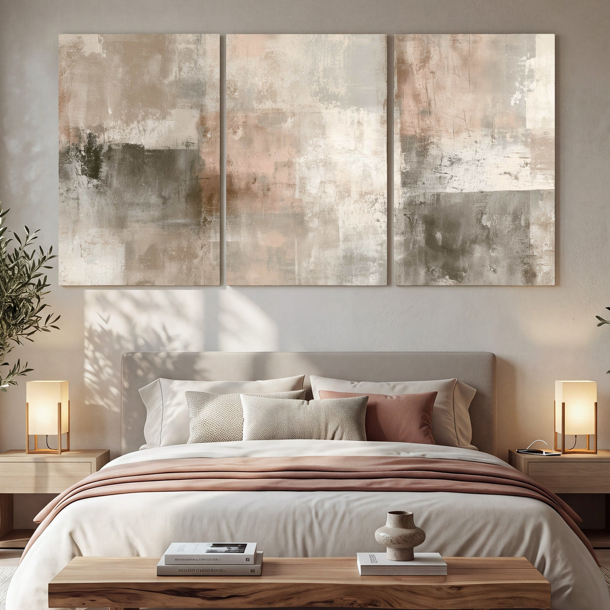 Blush and taupe abstract painting 3 piece canvas wall art in a bedroom above the bed