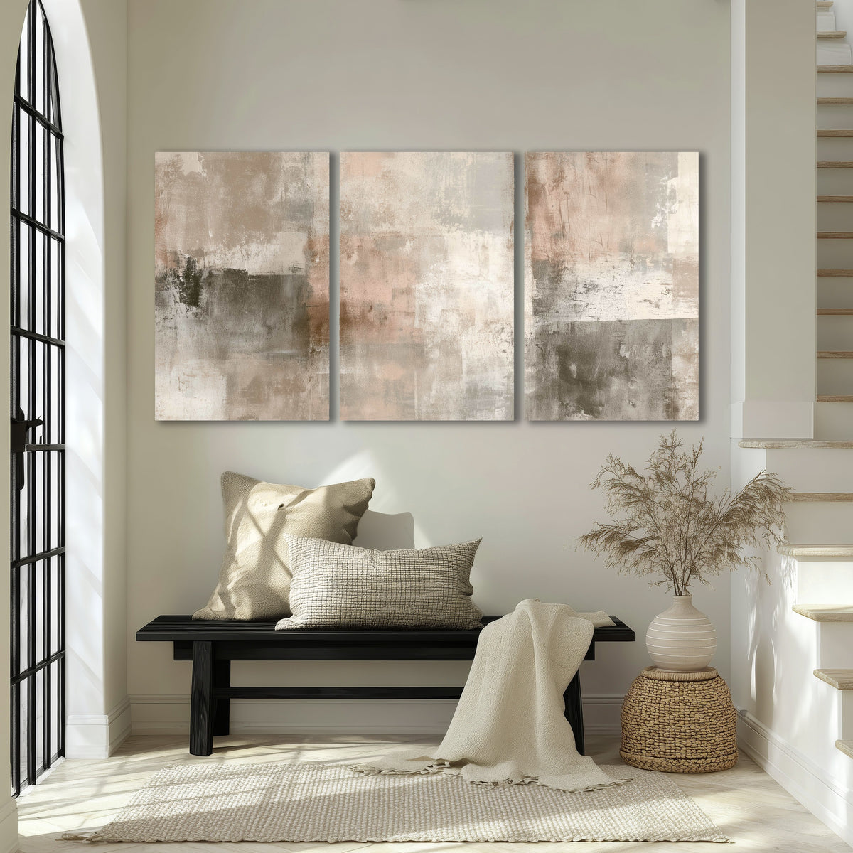Blush and taupe abstract painting 3 piece canvas wall art in an entryway above a bench