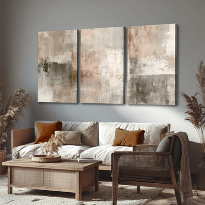 Blush and taupe abstract painting 3 piece canvas wall art in a rustic living room