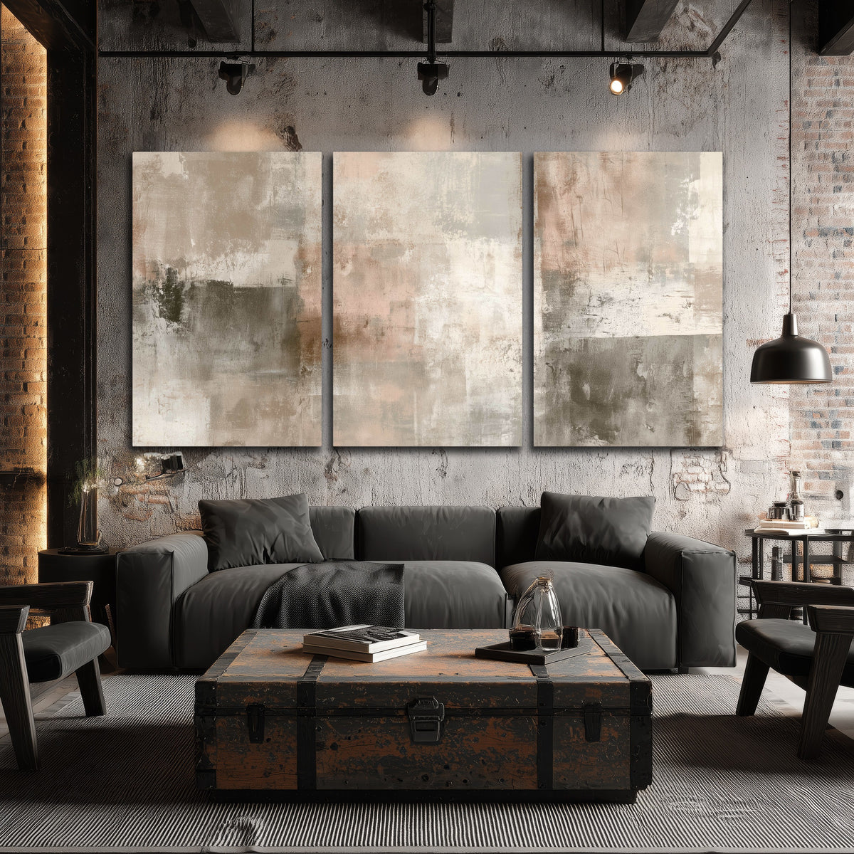 Blush and taupe abstract painting 3 piece canvas wall art in an industrial loft
