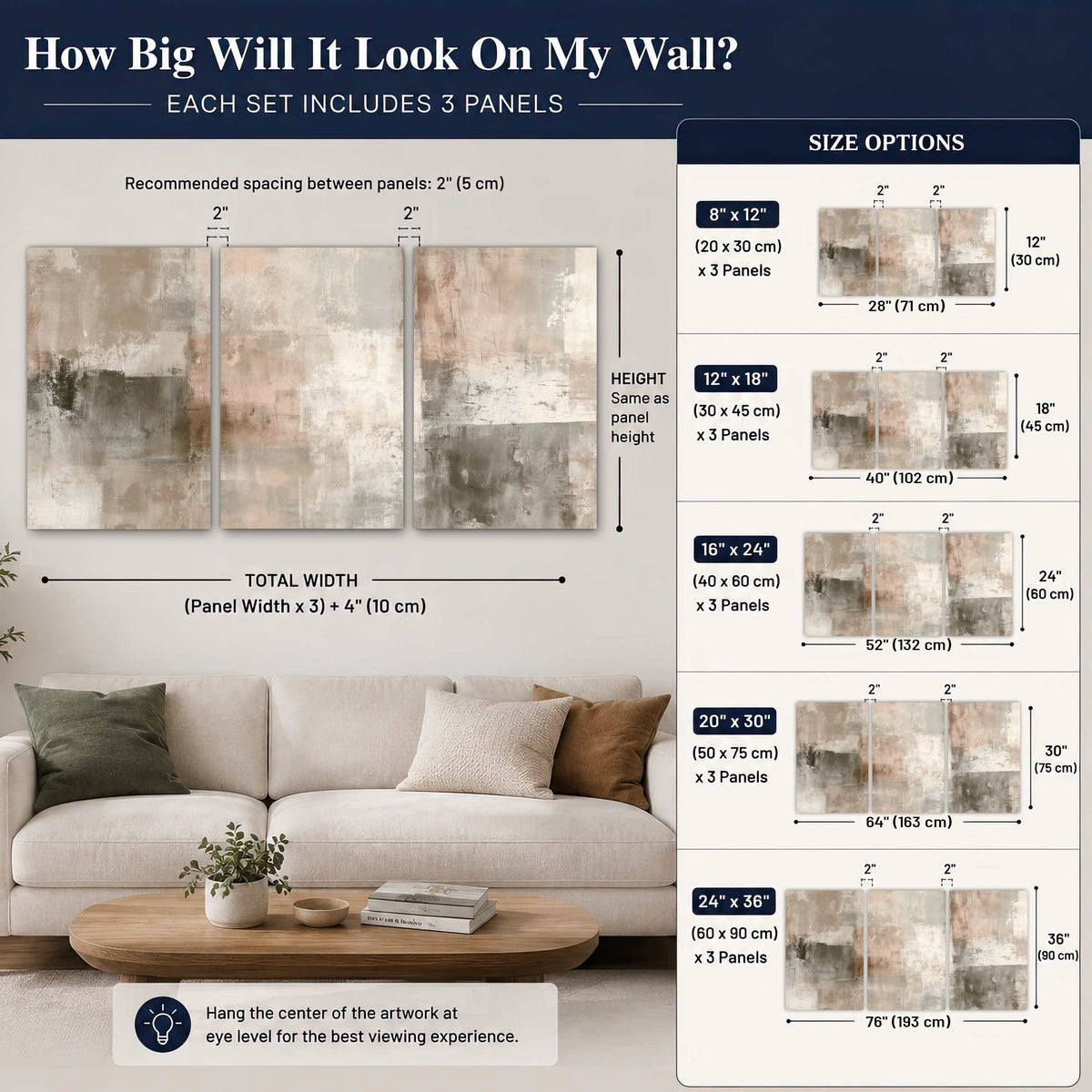 Blush and taupe abstract painting 3 piece canvas wall art size guide above a sofa