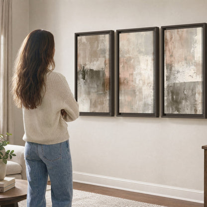 Blush and taupe abstract painting 3 piece framed canvas in a living room