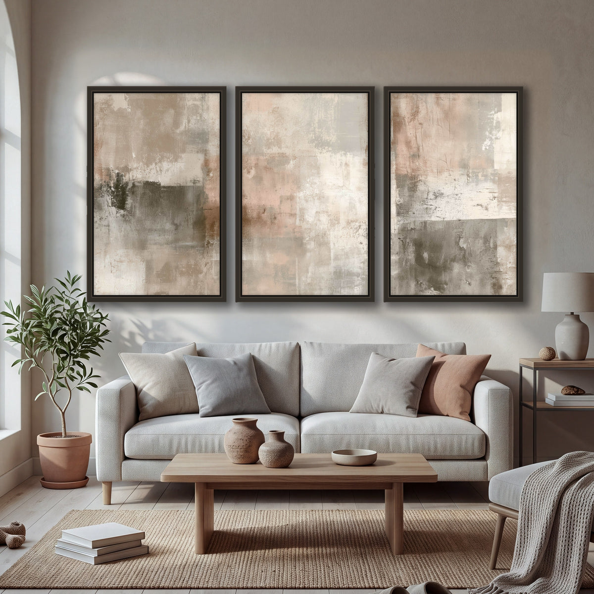 Blush and taupe abstract painting 3 piece framed canvas in a bright living room