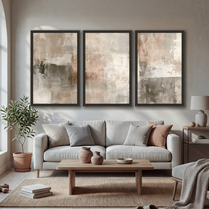 Blush and taupe abstract painting 3 piece framed canvas in a bright living room