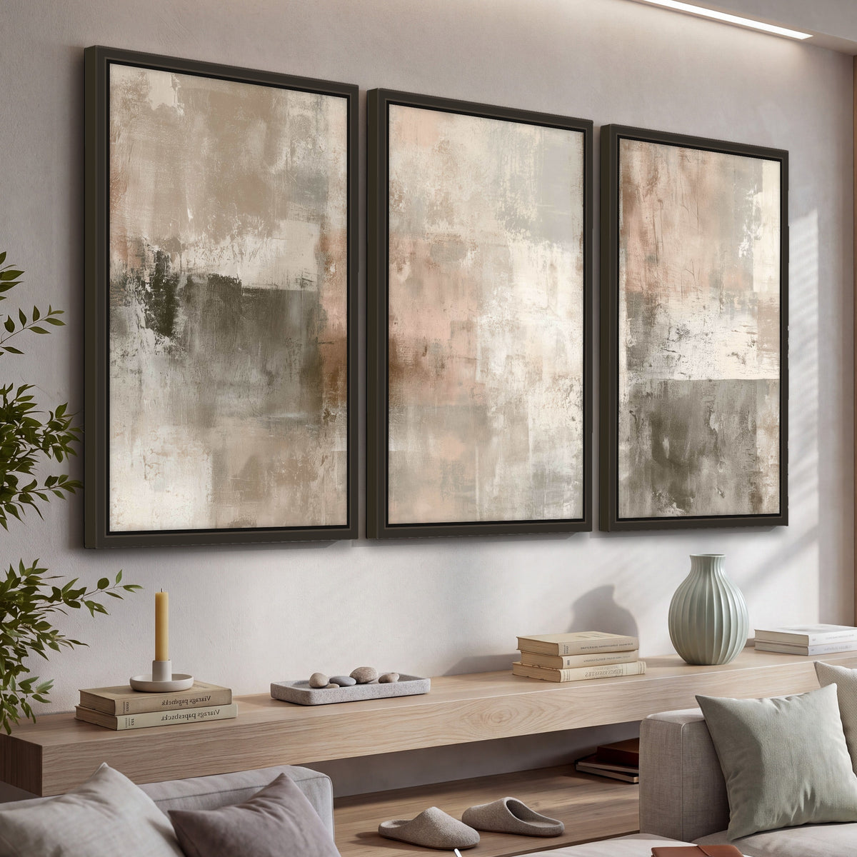 Blush and taupe abstract painting 3 piece framed canvas in a living room above a console