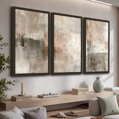 Blush and taupe abstract painting 3 piece framed canvas in a living room above a console