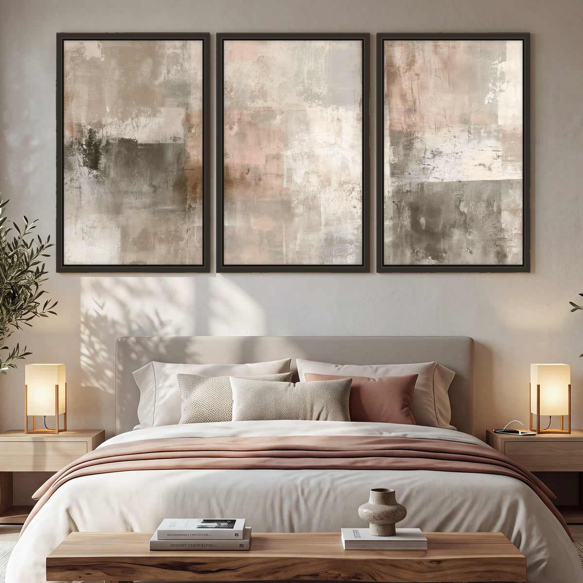 Blush and taupe abstract painting 3 piece framed canvas in a bedroom above the bed