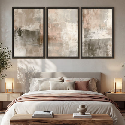 Blush and taupe abstract painting 3 piece framed canvas in a bedroom above the bed