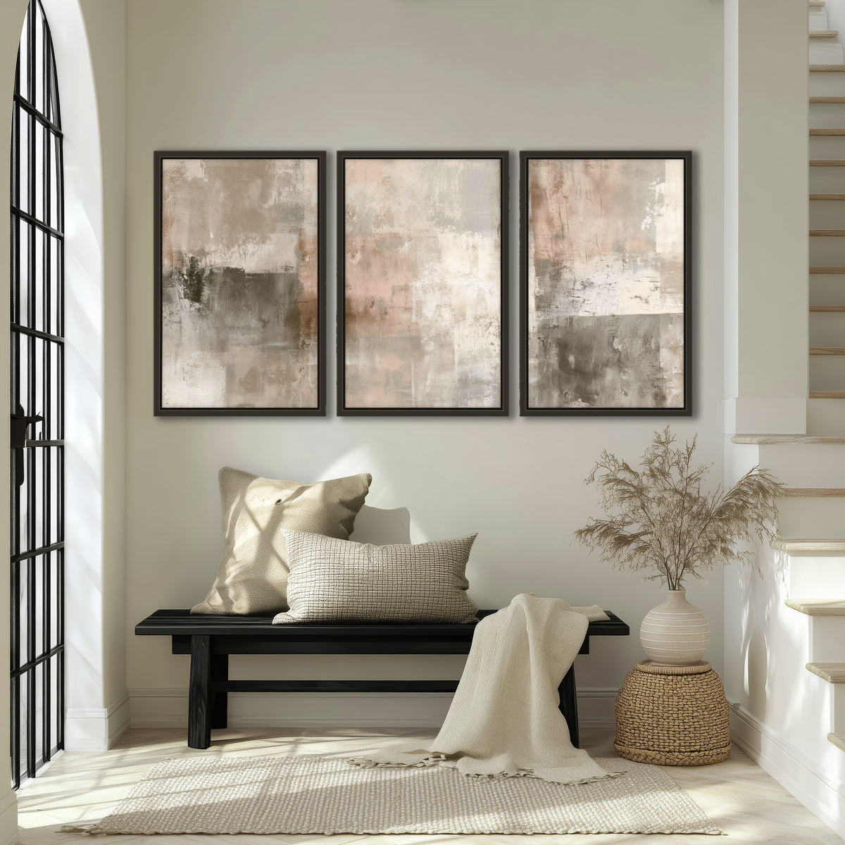 Blush and taupe abstract painting 3 piece framed canvas in an entryway above a bench