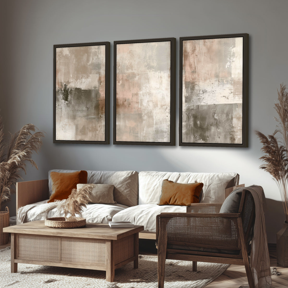 Blush and taupe abstract painting 3 piece framed canvas in a rustic living room