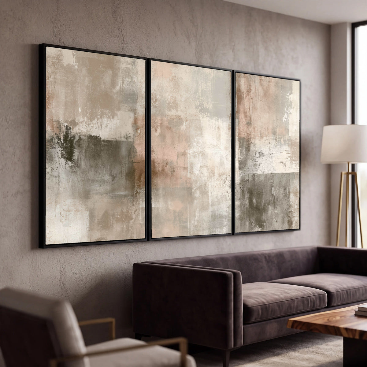 Blush and taupe abstract painting 3 piece framed canvas in a modern living room
