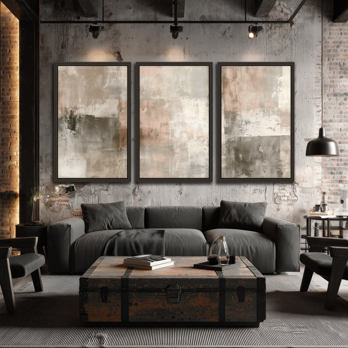 Blush and taupe abstract painting 3 piece framed canvas in an industrial loft
