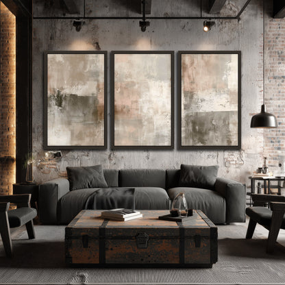 Blush and taupe abstract painting 3 piece framed canvas in an industrial loft
