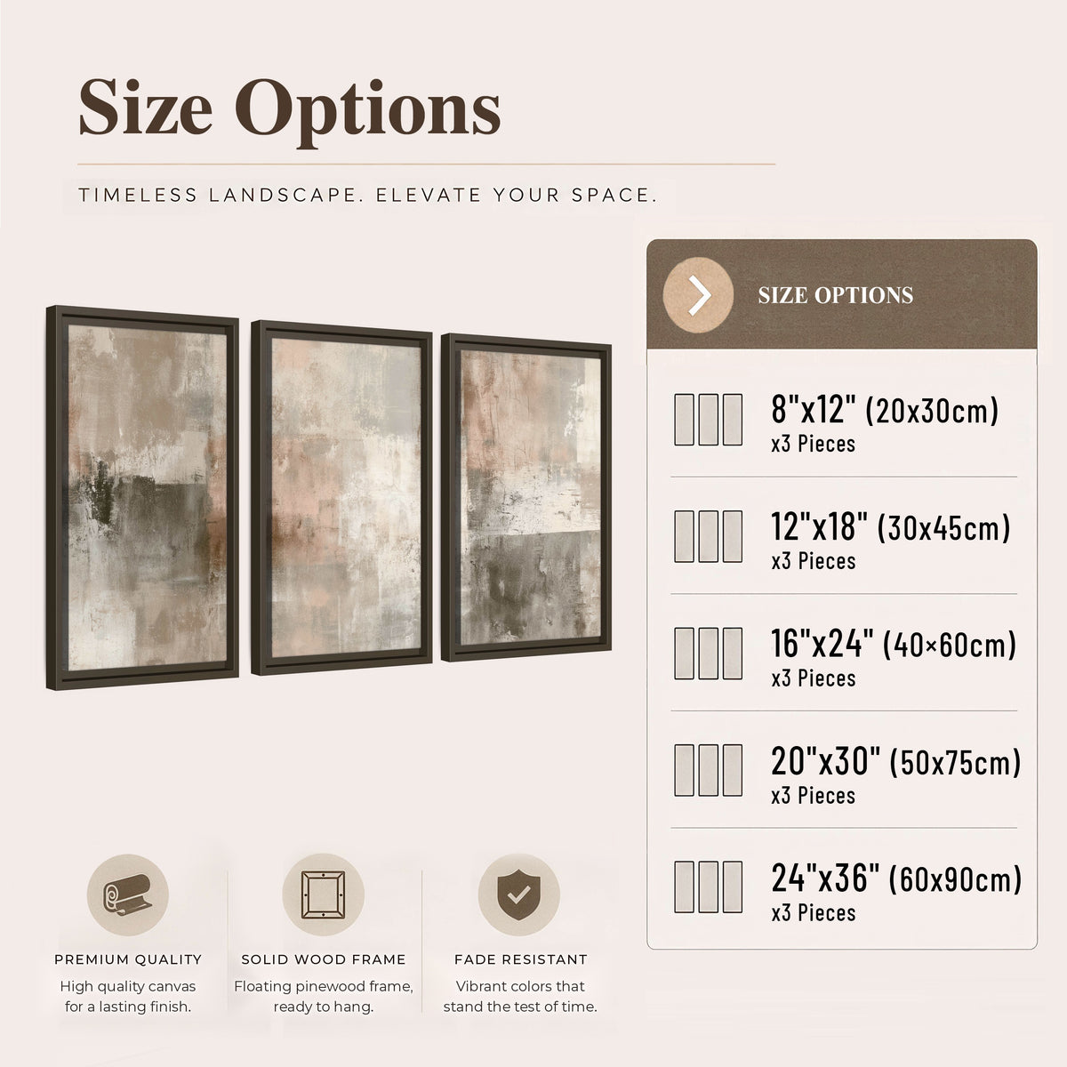 Blush and taupe abstract painting 3 piece framed canvas size options