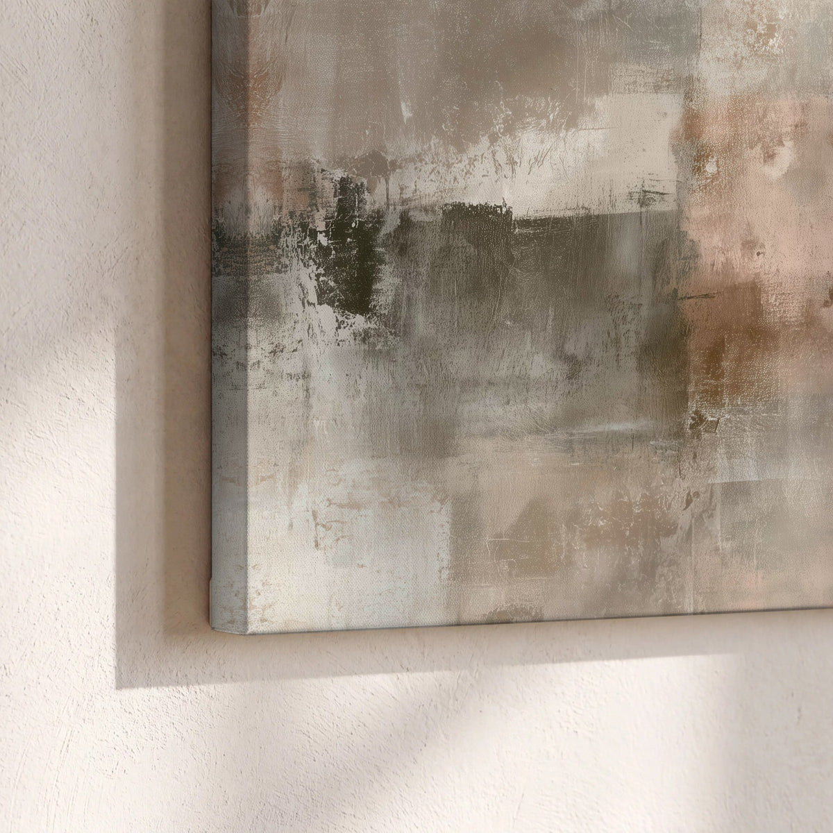 Blush and taupe abstract painting canvas print close-up showing the gallery-wrapped edge
