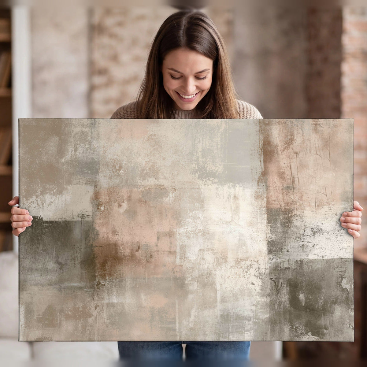 Blush and taupe abstract painting canvas wall art held in hands