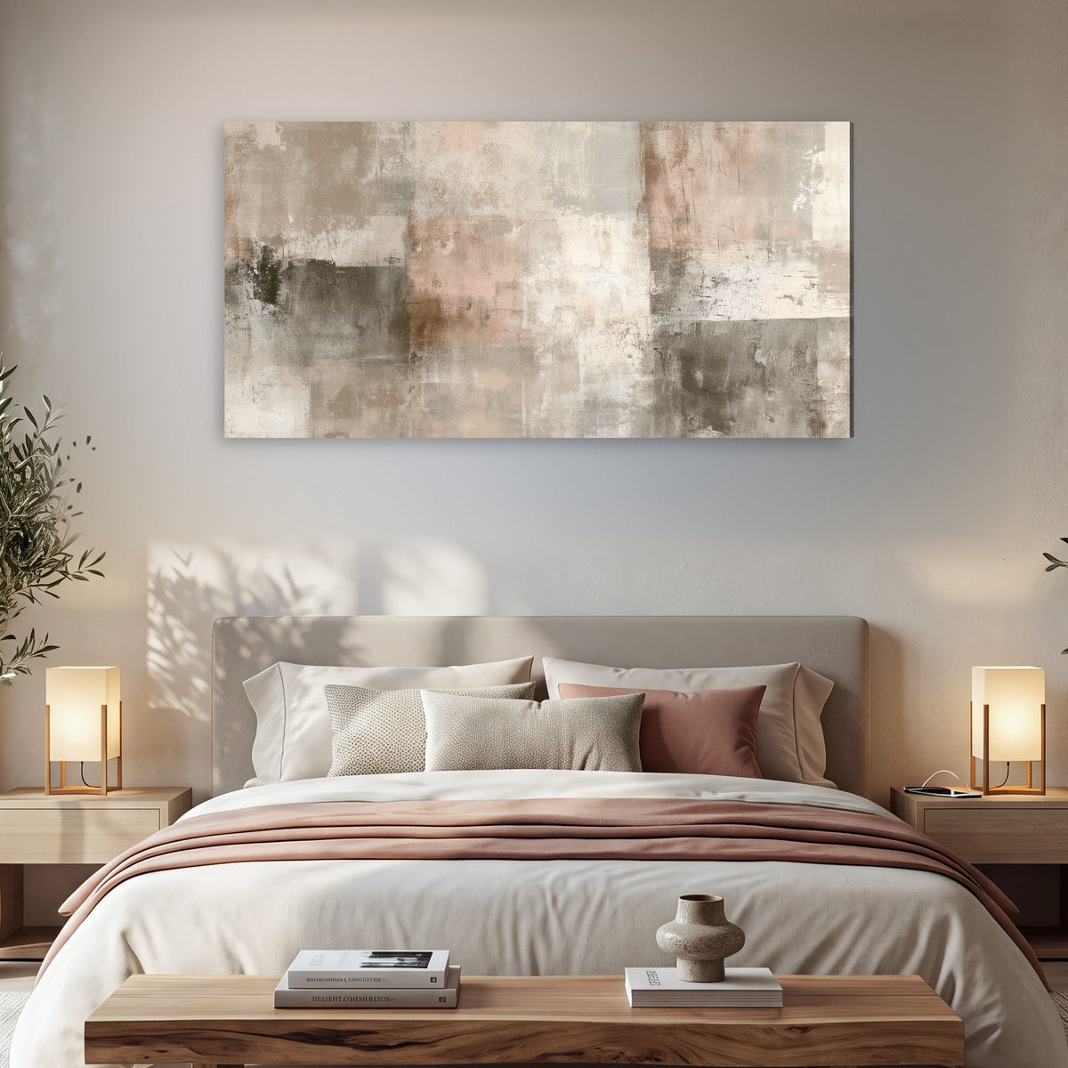 Blush and taupe abstract painting canvas wall art in a bedroom above the bed