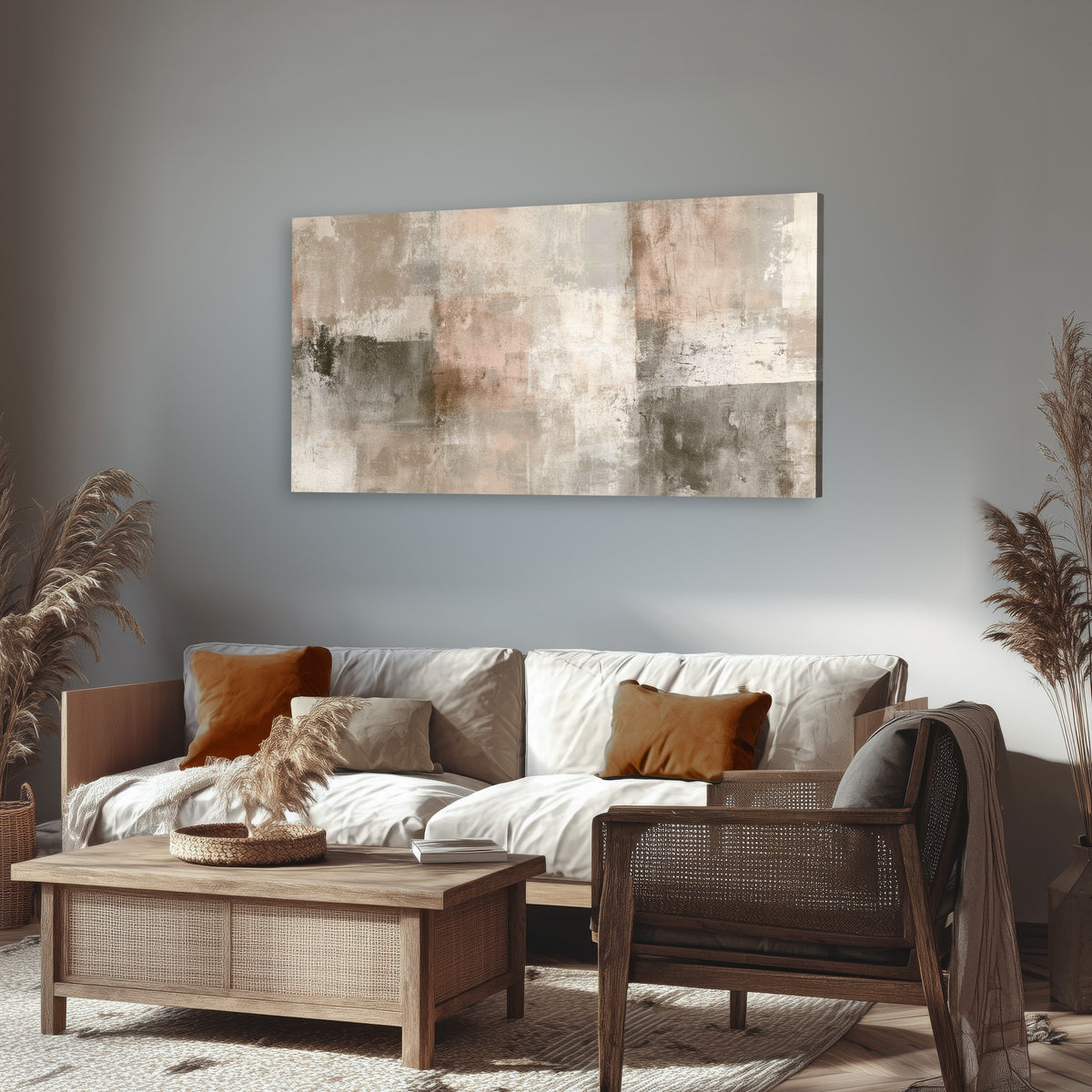 Blush and taupe abstract painting canvas wall art in a rustic living room