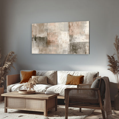 Blush and taupe abstract painting canvas wall art in a rustic living room