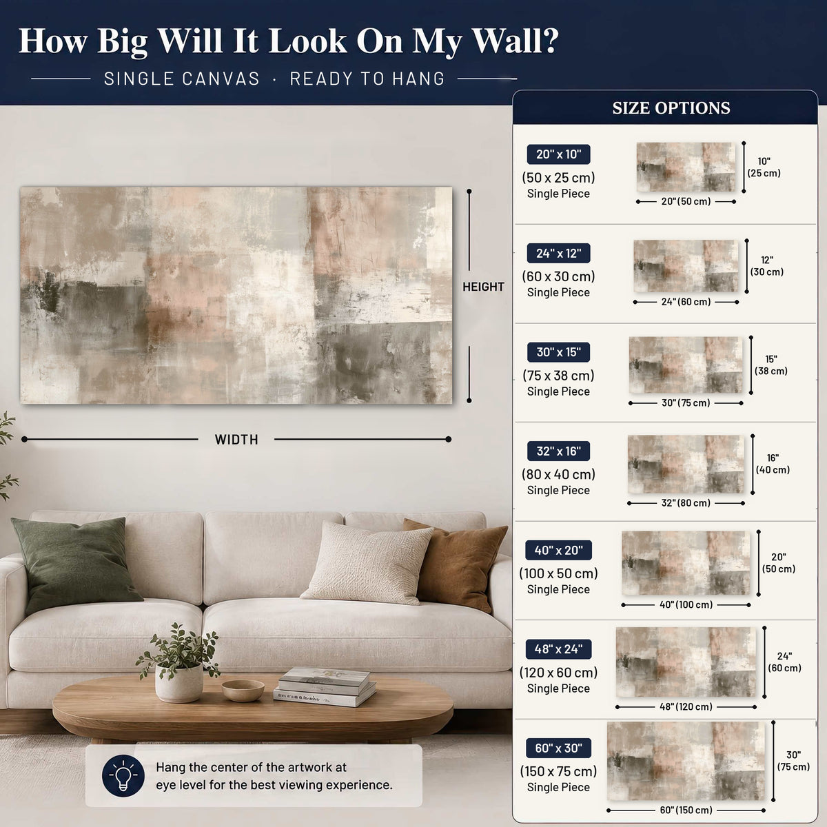 Blush and taupe abstract painting canvas wall art size guide above a sofa
