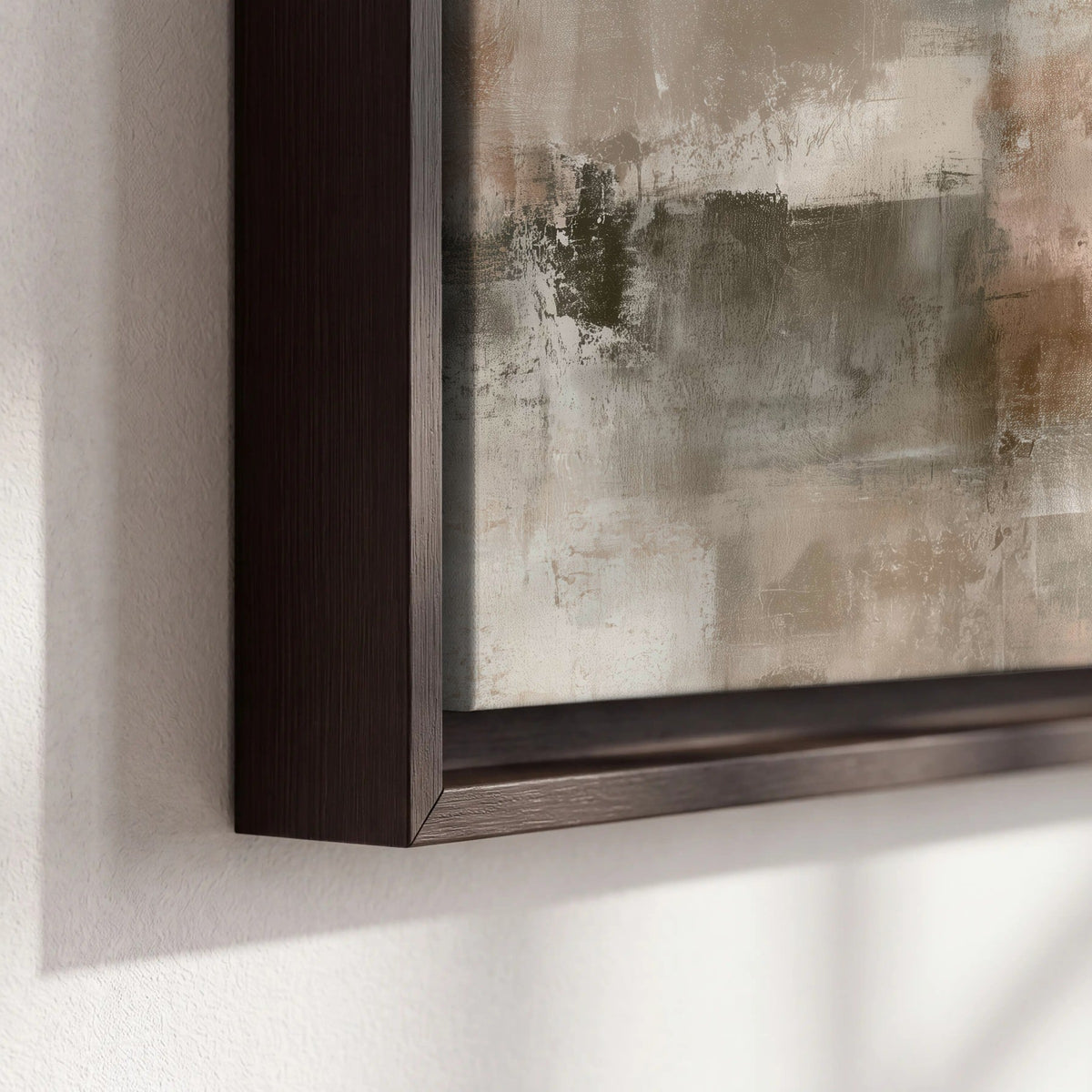 Blush and taupe abstract painting framed canvas close-up showing the floating frame