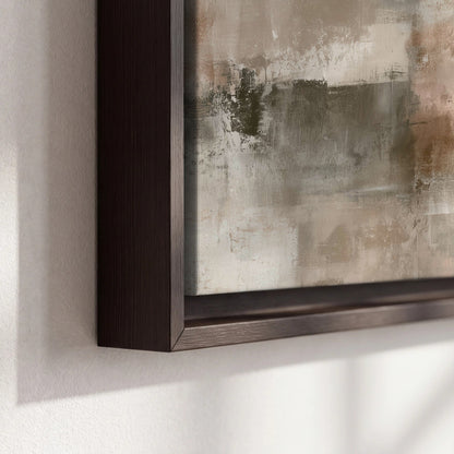 Blush and taupe abstract painting framed canvas close-up showing the floating frame