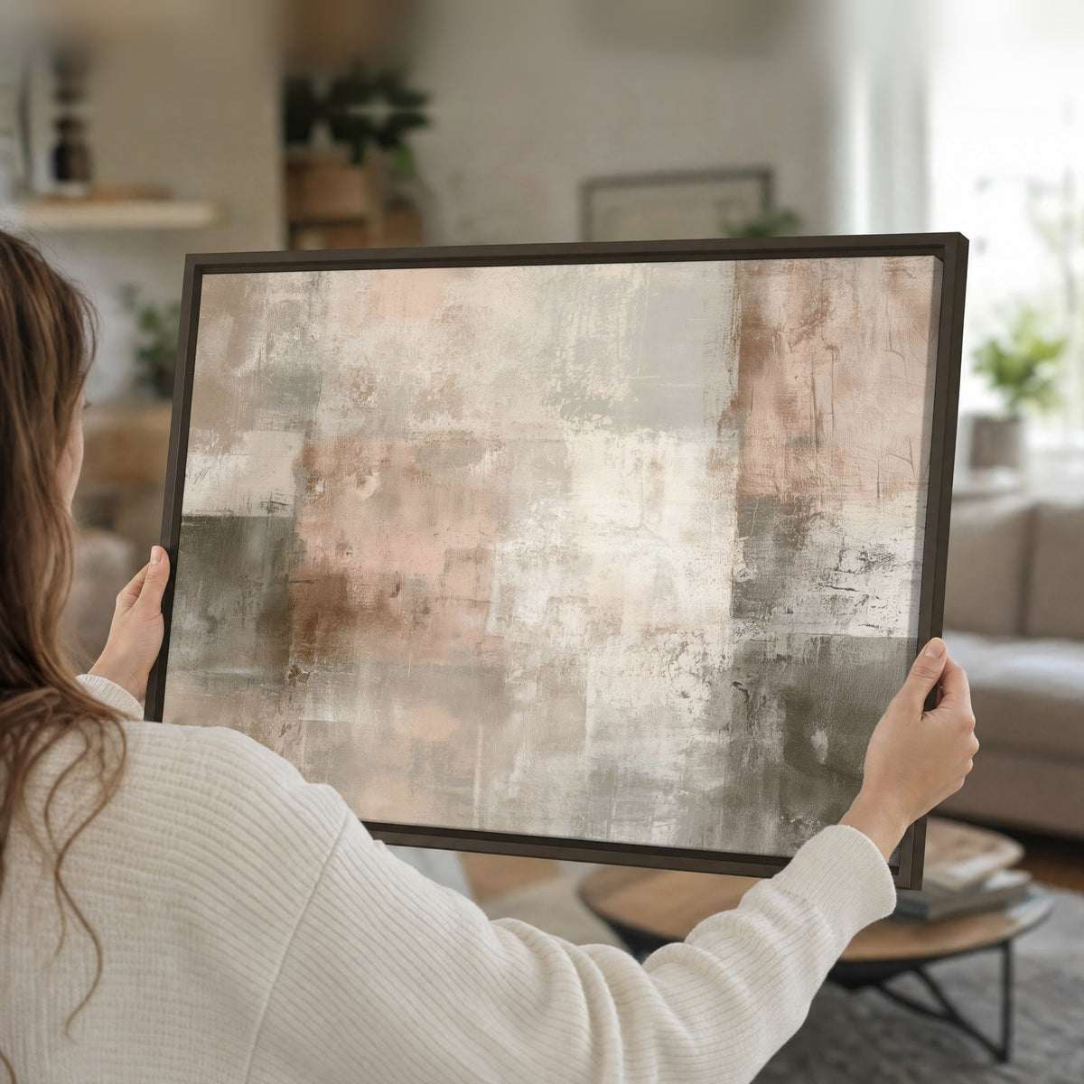 Blush and taupe abstract painting framed canvas held in hands