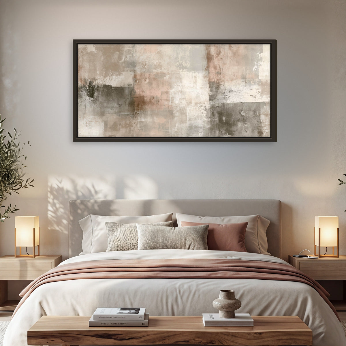 Blush and taupe abstract painting framed canvas wall art in a bedroom above the bed