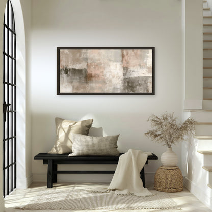 Blush and taupe abstract painting framed canvas wall art in an entryway above a bench